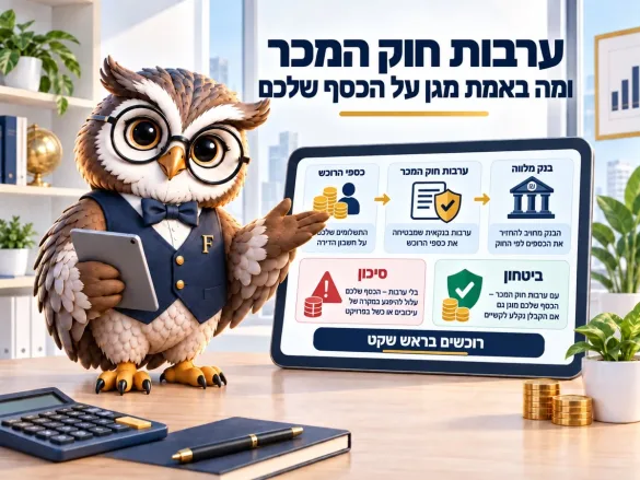תרשים ערבות חוק המכר: כספי הרוכש, בנק מלווה, ערבות בנקאית והסיכון ברכישה בלי בטוחה