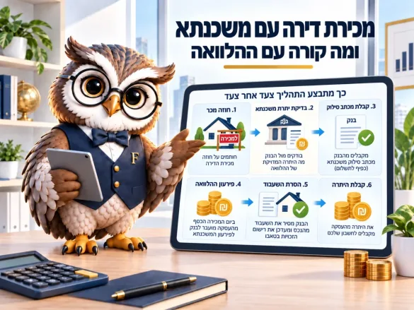 תרשים שישה שלבים במכירת דירה עם משכנתא: חוזה מכר, בדיקת יתרה, מכתב סילוק, פירעון, הסרת שעבוד וקבלת יתרה