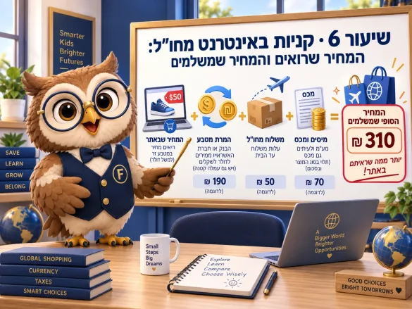 ינשוף פיננסיקו מפרק מחיר של הזמנה מחו"ל: מחיר המוצר, המרת מטבע, משלוח ומיסים