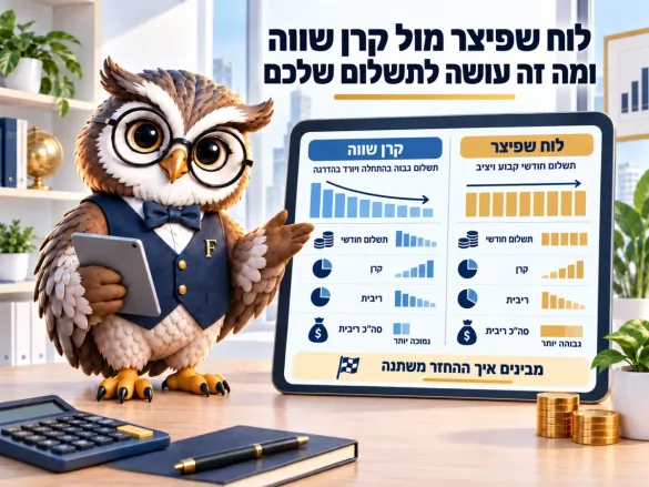 השוואה גרפית בין לוח שפיצר לקרן שווה: תשלום חודשי קבוע מול תשלום יורד, וסך הריבית בכל שיטה