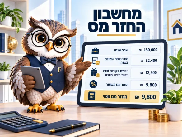 ינשוף פיננסיקו מציג על מסך חישוב החזר מס: שכר שנתי, מס ששולם, נקודות זיכוי והחזר צפוי