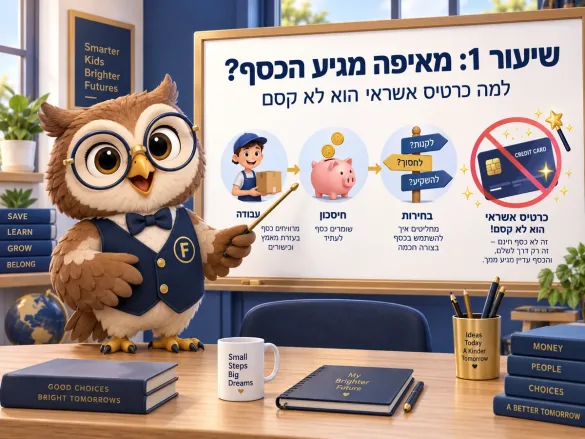 ינשוף פיננסיקו מסביר על לוח איך הכסף מגיע מעבודה, נשמר בחיסכון, ולמה כרטיס אשראי הוא לא קסם